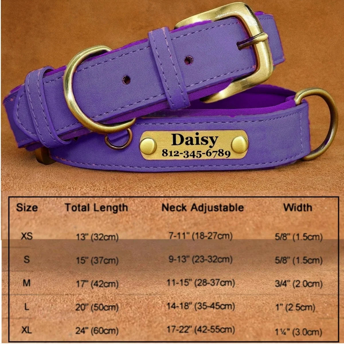 Collar de Cuero Acolchado Personalizado con Placa Grabada